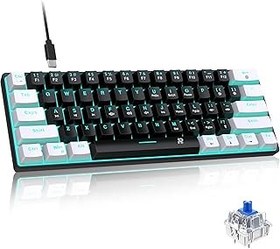 تصویر ROCK POW Wired 60% Mechanical Gaming Keyboard, Blue Switch Full Anti-ghosting Portable Mini Keyboard, for Windows Laptop PC Mac - White Black Ice 