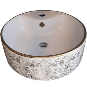 تصویر روشویی روکابینتی لنو سفید طلایی طرح شکوفه نوین سرام Leno Gold White Top Counter Basin