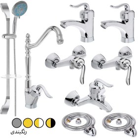 تصویر ست 9 عددی شیرآلات مدل قاجاری با دوش تک کاره جدید - طلایی Ghajari Economic Faucet set nine pieces