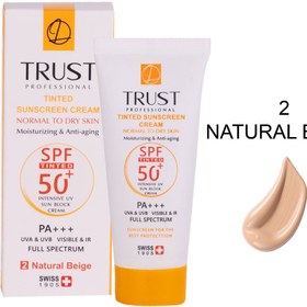 تصویر کرم ضد آفتاب رنگی تراست اصل ضد پیری بژ طبیعی (پوست خشک تا نرمال)spf50 حجم۴۰میل ضدلک و ضد چروک آبرسان حاوی هیالورنیک اسید Trust tinted sunscreen