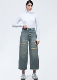 تصویر شلوار واید لگ جیب فیلتو زاپ دار آبی روشن (Dirty) 70004618 Wide leg pants with zapped pockets Dirty Royal Jeans