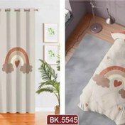 تصویر ست اتاق کودک روتختی، پرده و فرشینه طرح رنگین کمونی با ابر 