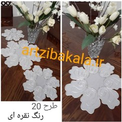 تصویر ست سه تکه رومیزی میزی نقره ای جنس پارچه تور ژپون و تور معمولی به همراه تزئینات artzibakala