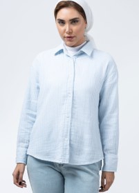 تصویر شومیز نخ پنبه راه راه سفید آبی کمرنگ 205010 Cotton Striped light Blue and White blouse