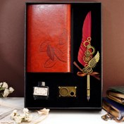 تصویر ست کالیگرافی قلم چرخ دنده طرح مدرن با دفترچه Calligraphy set feather pen Gear modern design with notebook 
