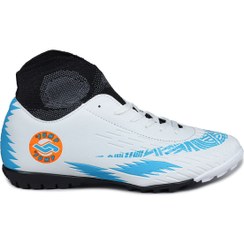 تصویر کفش فوتبال مصنوعی سفید - آبی 28366 با جوراب برند jump 28366 White - Blue Artificial Turf Football Boots with Socks