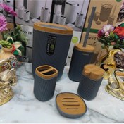 تصویر ست سرویس بهداشتی 5 پارچه طرح روما خطی رنگ زیبا و شکیل طوسی تیره فیلی چوب برند کنتراست طرح جدید قیمت عالی و اقتصادی 