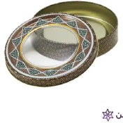 تصویر ظرف فلزی زعفران 5 گرمی گرد طرح خاتم 2رو 