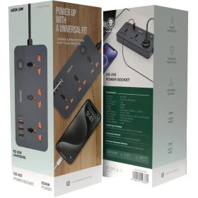 تصویر چندراهی سه درگاه و محافظ برق گرین لاین Green Lion GS-200 Power Socket 2500W - 3 سوکت، 3 USB A، 1 USB C / ۱۰ آمپر / دوشاخه انگلستان 2 متر Green Lion GS-200 Power Socket 2500W