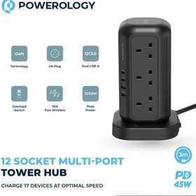 تصویر چندراهی برق و محافظ ولتاژ چندراهی برق و محافظ ولتاژ مشکی مدل Powerology 12 AC Sockets GaN Tower Hub PWCUQC025BK