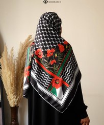 تصویر روسریِ سلام ( چفیه فلسطین ) مشکی نخی فلامنت،‌ قواره بلند، طراحی انحصاری شکرانه