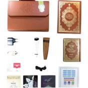 تصویر قلم قرآنی لئونو 32 گیگ با قرآن 604 صفحه عثمان طاها چلد چرم و مفاتیح کلیات 