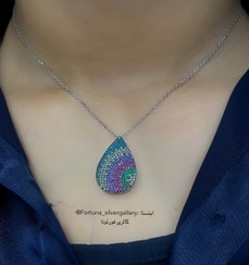 تصویر گردنبند نقره زنانه طرح اشکی نگین رنگی Silver necklace