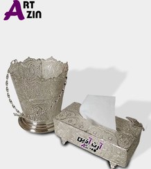تصویر جا دستمال کاغذی و سطل عروس نقره ملیله کاری اصفهان - کد : ۱۲۰۶ 