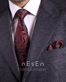 تصویر ست کراوات و دستمال جیب مردانه نسن | مشکی قرمز | طرح بته جقه T14 