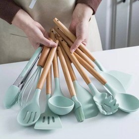 تصویر سرویس کفگیر و ملاقه سیلیکونی 12 پارچه دسته چوبی Kitchenware Set - قرمز Silicone Kitchen Set