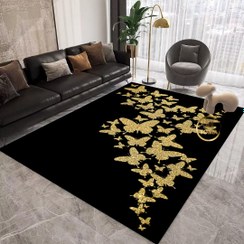 تصویر فرشینه طرح مدرن پروانه های طلایی زمینه مشکی کد h247 modern rug h247