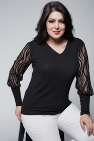 تصویر بلوز زنانه جیر طرحدار شفاف آستین سایز بزرگ مشکی برند Ebsumu کد 1605437975 