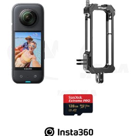 تصویر کیت محافظ دوربین اینستا 360 ایکس 3 Insta360 X3 360° Camera + San Disk Extreme Pro 128 GB + Metal Protective Cage Rig kit