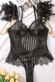 تصویر بادی فنردار همراه پر و زنجیر سرشانه رنگ قرمز مشکی سفید سایز: L . XL Spring bodysuit with feather and shoulder chain, red, black, white, size: L. XL