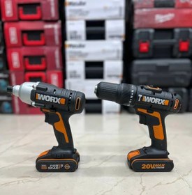 تصویر دریل شارژی چکشی و پیچ بند تقه ای ورکس Worx WX386.9 wx291.9 Worx WX386.9 wx291.9 Twin pack of rechargeable hammer drill and wedge screw 20v