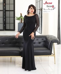 تصویر پیراهن مجلسی زنانه ابریشم کرپ سنگ دوزی سایز ۵۰ مشکی 
