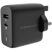 تصویر شارژر دیواری فست شارژ تایپ سی و یو اس بی 63 وات پاورولوژی Powerology Ultra-Quick Charging Adapter PWCUQC004 Powerology 63W Ultra-Quick GaN Charger 45W PD & USB-A Quick Charge 18W QC3.0 PWCUQC004