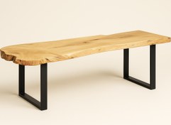 تصویر میز تلویزیون روستیک با صفحه چوب طبیعی و پایه فلزی 