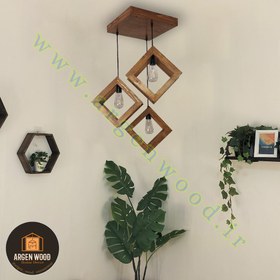 تصویر لوستر چوبی مدرن و خاص مدل سه شعله مکعبی 
