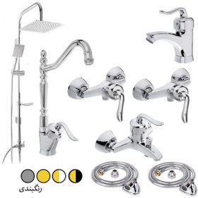 تصویر ست 8 عددی شیرآلات مدل قاجاری با دوش دوکاره جدید - مشکی طلایی Ghajari Economic Faucet set eight pieces