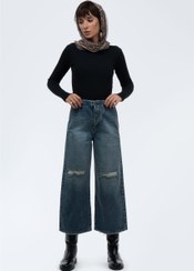 تصویر شلوار واید لگ زانو زاپ تیره (Dirty) 3101047 Dark Dirty Wide Leg Knee Zip Pants Royal Jeans