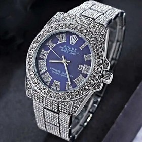 تصویر ساعت رولکس فول استون نگین دار بند نقره ای صفحه ابی ROLEX کد1439 