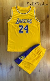 تصویر ست بسکتبال لیکرز پسرانه رنگ زرد شماره 24 کیفیت +A تایلندی Lakers basketball uniform for boys, yellow color, number 24, Thai quality +A