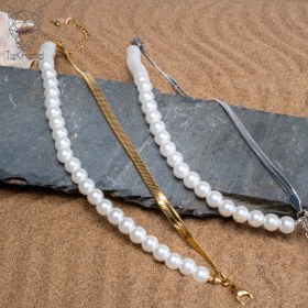 تصویر دستبند دو لاین مروارید و ماری استیل pearl and herringbone bracelet