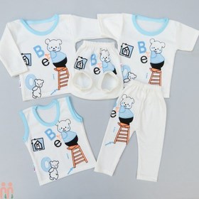 تصویر بهترین لباس نوزادی پسرانه ست 5 تکه نخی آبی سفید خرس و حروف 