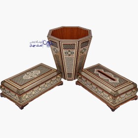 تصویر ست جای دستمال سطل وکارد چنگال خاتم کاری اعلا کدkm26 