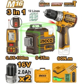 تصویر ست دریل شارژی 16 ولت لیتیوم چکشی 60 نیوتن متر INGCO مدل COSLI250101 