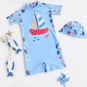 تصویر مایو یکسره نوزادی پسرانه طرح کشتی سایز ۲ تا ۳ سال با کلاه 