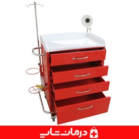 تصویر ترالی اورژانس 5 کشو استاندارد ترالی قرمز فلزی اورژانس 