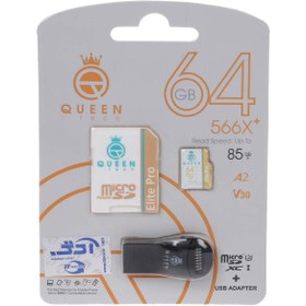 تصویر کارت حافظه QUEEN TECH 64G کلاس 10 سرعت 85MB/S همراه با آداپتور و رم ریدر 