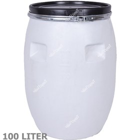 تصویر بشکه پلاستیکی صنعتی 100 لیتری سفید با کمربند فلزی 100 liter white industrial plastic barrel with metal belt