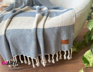 تصویر شال مبل منگوله دار طرح Wool rice برند Barine ابعاد 175×125 رنگ آبی نفتی 