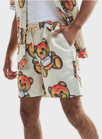 تصویر شلوارک با طرح خرس تدی و بند کشی برند fav Teddy Bear Print Drawstring Shorts