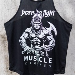 تصویر رکابی بدنسازی بند باریک مردانه حرفه ای مدل BORN TO FIGHT پارچه سوزنی تنفسی ضد تعریق رنگ مشکی با کیفیت 