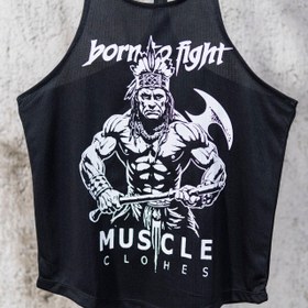 تصویر رکابی بدنسازی بند باریک مردانه حرفه ای مدل BORN TO FIGHT پارچه سوزنی تنفسی ضد تعریق رنگ مشکی با کیفیت 