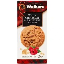 تصویر کوکی کره ای کانادایی واکرز Walkers WHITE CHOCOLATE &amp; RASPBERRY BISCUITS با طعم شکلات سفید و تمشک 150گرم 