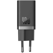 تصویر شارژر دیواری 40 وات بیسوس مدل GaN 5 Pro با اتصال به پریز دوشاخه و تکنولوژی شارژ سریع Quick Charge 3.0، دارای 2 عدد درگاه خروجی USB Type-C 